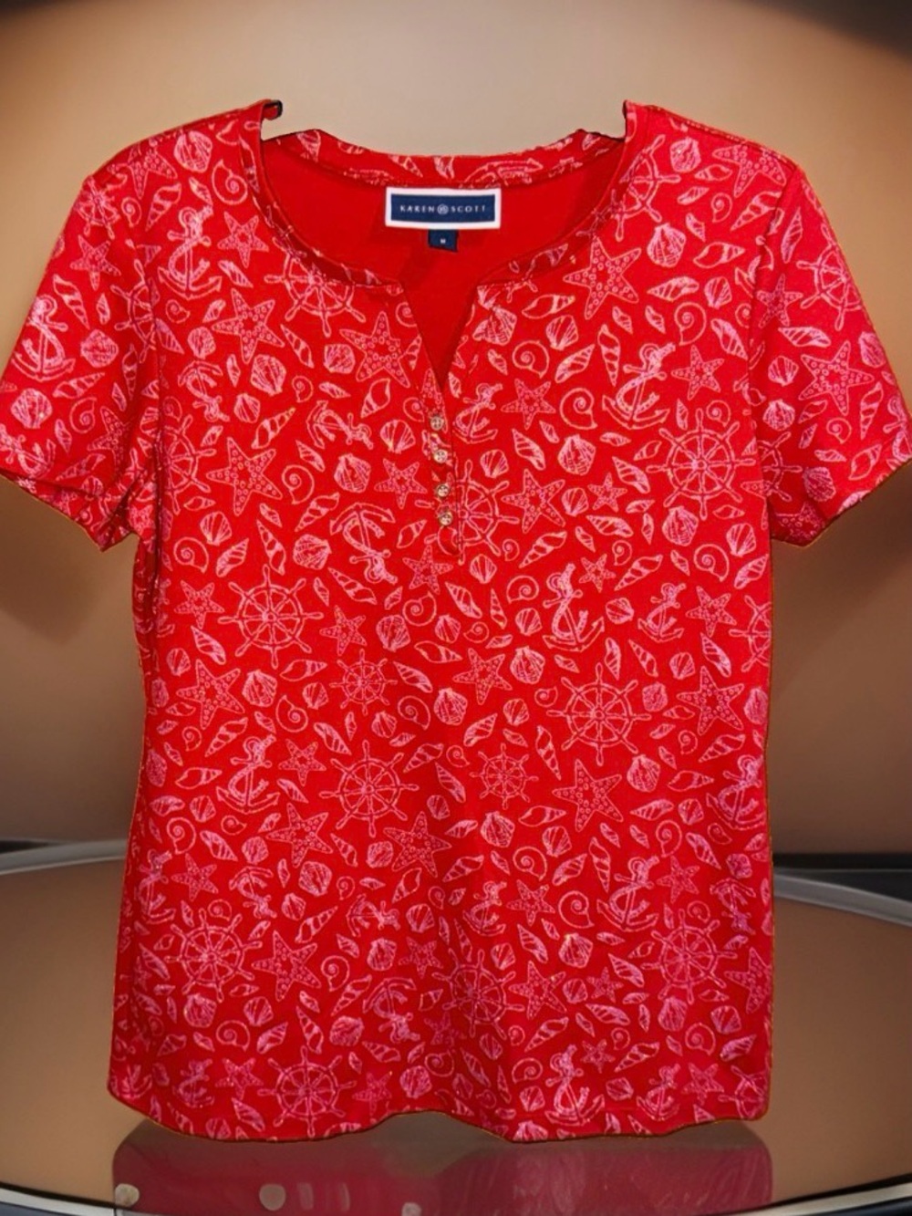 Karen Scott Red Nautical-Sparkle Print Short Sleeve Top w/Buttons-M-EC